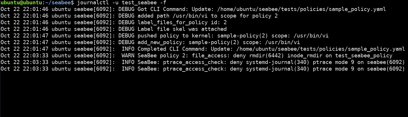 journalctl shows a log of the denial
