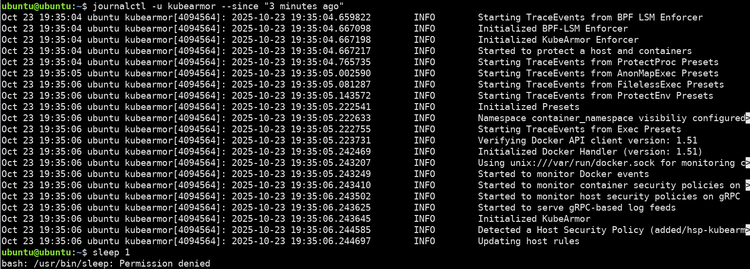 KubeArmor Logs after SeaBee policy applied