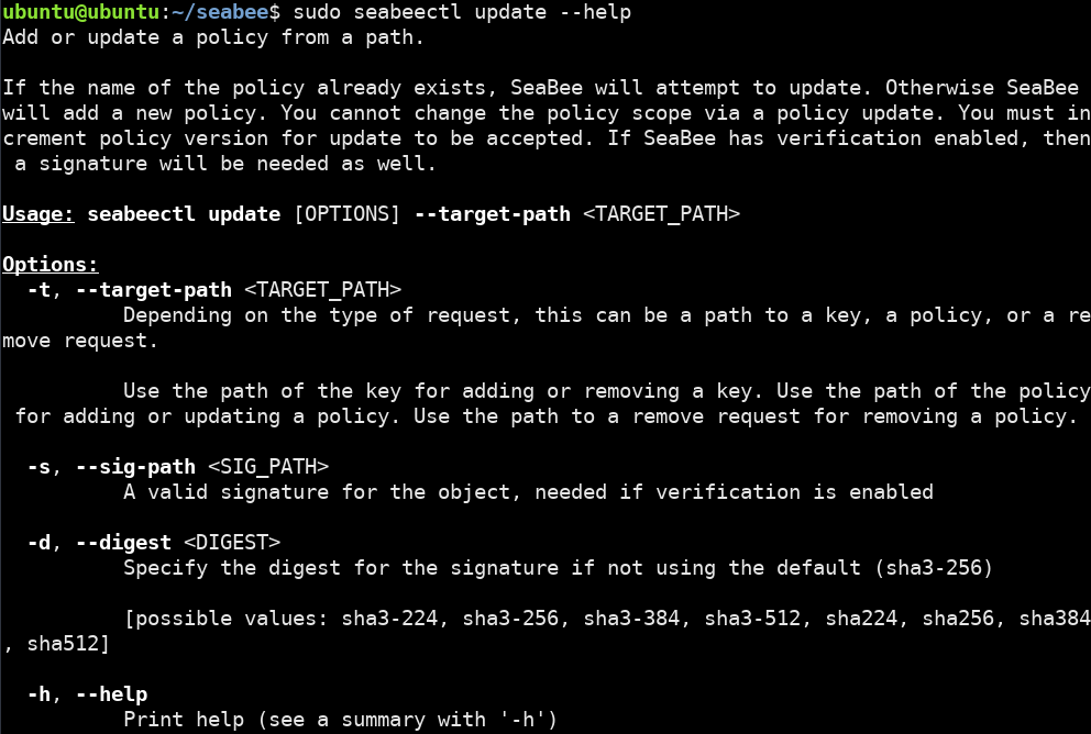 sudo seabeectl update --help